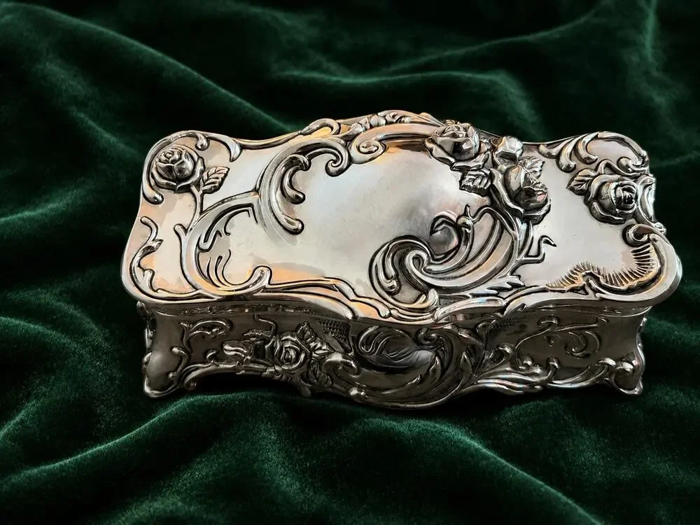 Vintage Wallace Silversmiths Musical Jewelry Box Repoussé Rose and Scroll Design